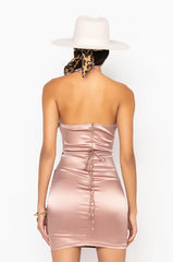 50 SHADES OF SLAY LACE UP SATIN RUCHED MINI DRESS TAN