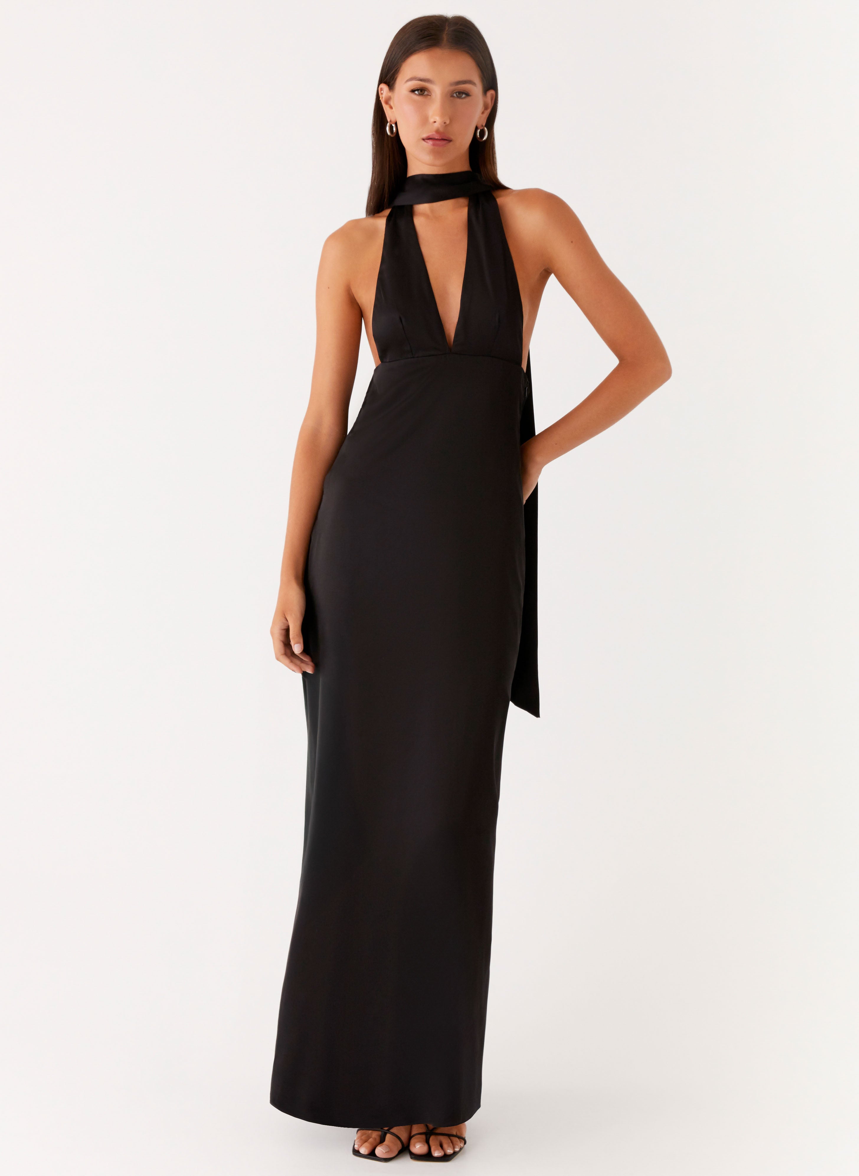 Alicia Satin Halter Maxi Dress - Black