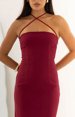 Del Mar Burgundy Crepe Formal Maxi Dress