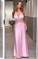 Divandi Pink Lace Halter Neck Formal Maxi Dress