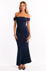 Ella Navy Off Shoulder Crepe Formal Maxi Dress
