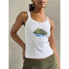 Cartoon Print O-Neck Crop Top