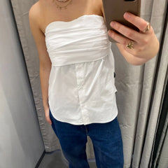 Pleated Strapless Blouse Crop Top