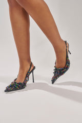 AKIRA LETTER BEAD EMBELLISHED SLING BACK NOVELTY PUMP