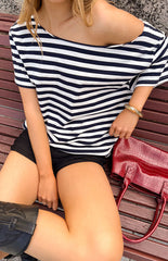 Kaiser Navy Stripe Off Shoulder Oversized Top