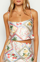 Milliana White Satin Roma Print Crop Top