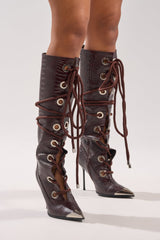 AKIRA GOLD PANTOUM CHOCOLATE CROC STILETTO BOOT