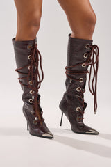 AKIRA GOLD PANTOUM CHOCOLATE CROC STILETTO BOOT