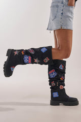 AKIRA GOLD POSTAL BLACK PATCHWORK FLAT BOOT