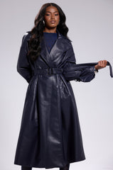 ALINNA FAUX LEATHER TRENCH IN NAVY