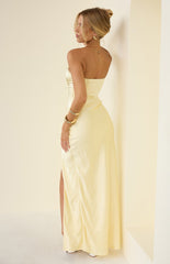 Sasha Yellow Ruched Twist Satin Maxi Dress