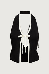 KNIT HALTER TOP WITH CONTRAST BOW