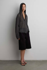 SHEER LINEN BLEND HOODIE WITH BUTTON FRONT