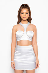 54321 SATIN RHINESTONE HALTER CROP TOP