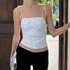 Cutest Backless Summer White Tank Vintage Buttons Ruched Tie-Up Y2K Crop Top