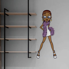 36 inch Diva Brat cartoon character Wall Decal in a white dress with a purple fur stole installed next to a set of shelves.