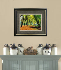 Fall Tree Tunnel Framed Art Installed Above a Console Table