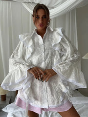 Hollow Out Lotus Leaf Edge White Blouse
