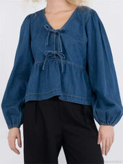 Lace-Up Denim V-neck Blouse