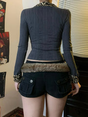 Leopard Printed Patchwork Fake 2 Piece Slim Turn-Down Collar Long Sleeve Knit Top
