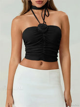Off Shoulder 3D Flower Ruched Tube Crop Top