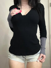 Patchwork Knitted Slim O-Neck Long Sleeve Knit Top