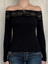 Patchwork Lace Cropped Slim Slash Neck Long Sleeve Knit Top