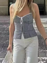 Plaid Backless Tie-up Front Split Tank Crop Top