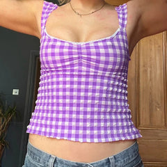 Plaid Gingham Lace Trim Square Collar Slim Fit Y2K Vintage Backless Crop Top