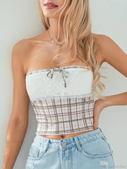 Plaid Lace Patchwork Off-shoulder Strapless Tube Top