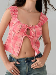 Plaid Round Neck Front Split Sleeveless Crop Top
