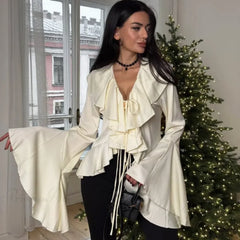 Ruffled Lace-Up V-neck Blouse