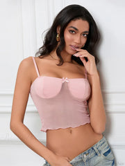 Sheer Camis Sweetheart Bow Spaghetti Strap Crop Top