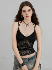 Sheer Lace Floral Halter Tie-up Nightclub Camisole Top