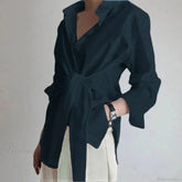 Slim Button Ruched Lace-Up Blouse
