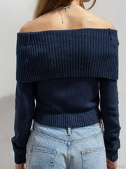 Solid Knitted Slash Neck Basic Long Sleeve Pullover Sweater
