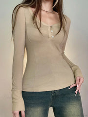 Solid Patchwork Slim O-Neck Long Sleeve Knit Top