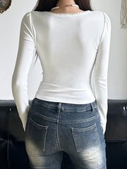 Sweet Lace Trim Bandage Slim Square Collar Long Sleeve Knit Top