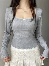 Sweet Solid Bow Slim Square Collar Long Sleeve Knit Top