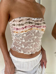Vintage Embroidery Flower Strapless Tube Crop Top