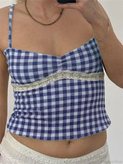 Vintage Plaid Lace Patchwork Spaghetti Crop Top