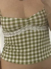 Vintage Plaid Lace Patchwork Spaghetti Crop Top