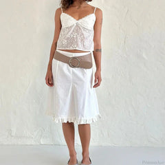 White Jacquard Floral Lace Trim V Neck Kawaii Fairycore 00s Y2K Camisole Crop Top