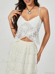 White Lace Spaghetti Strap Wrap Hem Slip Camisole Top