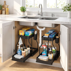 Heavy Duty Under Sink Sliding Organizer – Multi-Purpose 2-Tier Storage Rack for Cleaning Products & Essentials