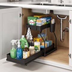 Heavy Duty Under Sink Sliding Organizer – Multi-Purpose 2-Tier Storage Rack for Cleaning Products & Essentials