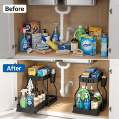 Heavy Duty Under Sink Sliding Organizer – Multi-Purpose 2-Tier Storage Rack for Cleaning Products & Essentials