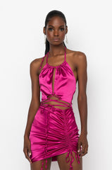 50 SHADES OF SLAY LACE UP SATIN RUCHED MINI DRESS FUCHSIA