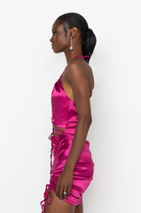 50 SHADES OF SLAY LACE UP SATIN RUCHED MINI DRESS FUCHSIA