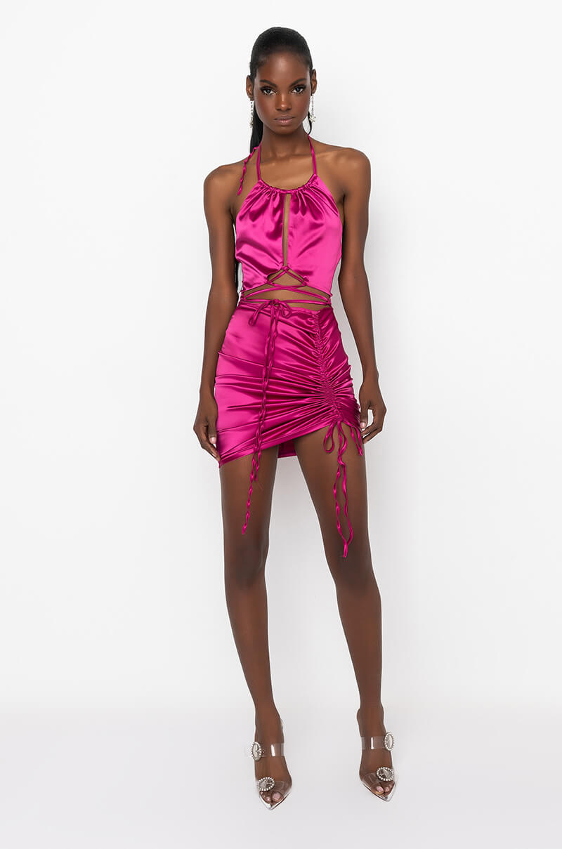 50 SHADES OF SLAY LACE UP SATIN RUCHED MINI DRESS FUCHSIA